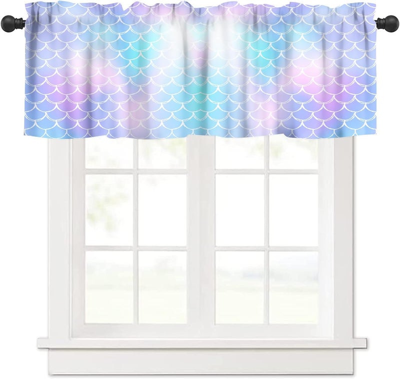 AAVEUP Mermaid Valance Curtain Fantasy Blue Pink Ocean Mermaid Scale Window Treatment Valances Curtains for Kids Girls Room Bedroom Living Room 54x18In - Image 1